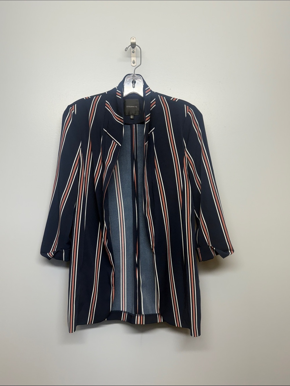Dynamite Navy Striped Open Blazer with Rust & White Accents